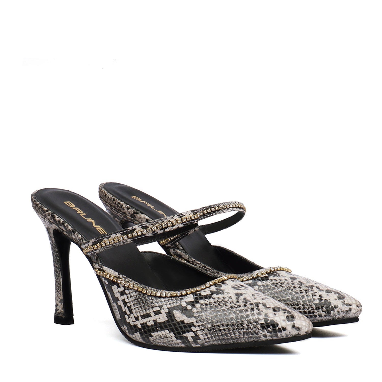 Pointed Toe Swarovski Crystal Stone Heel Pumps Black-White Snake Print