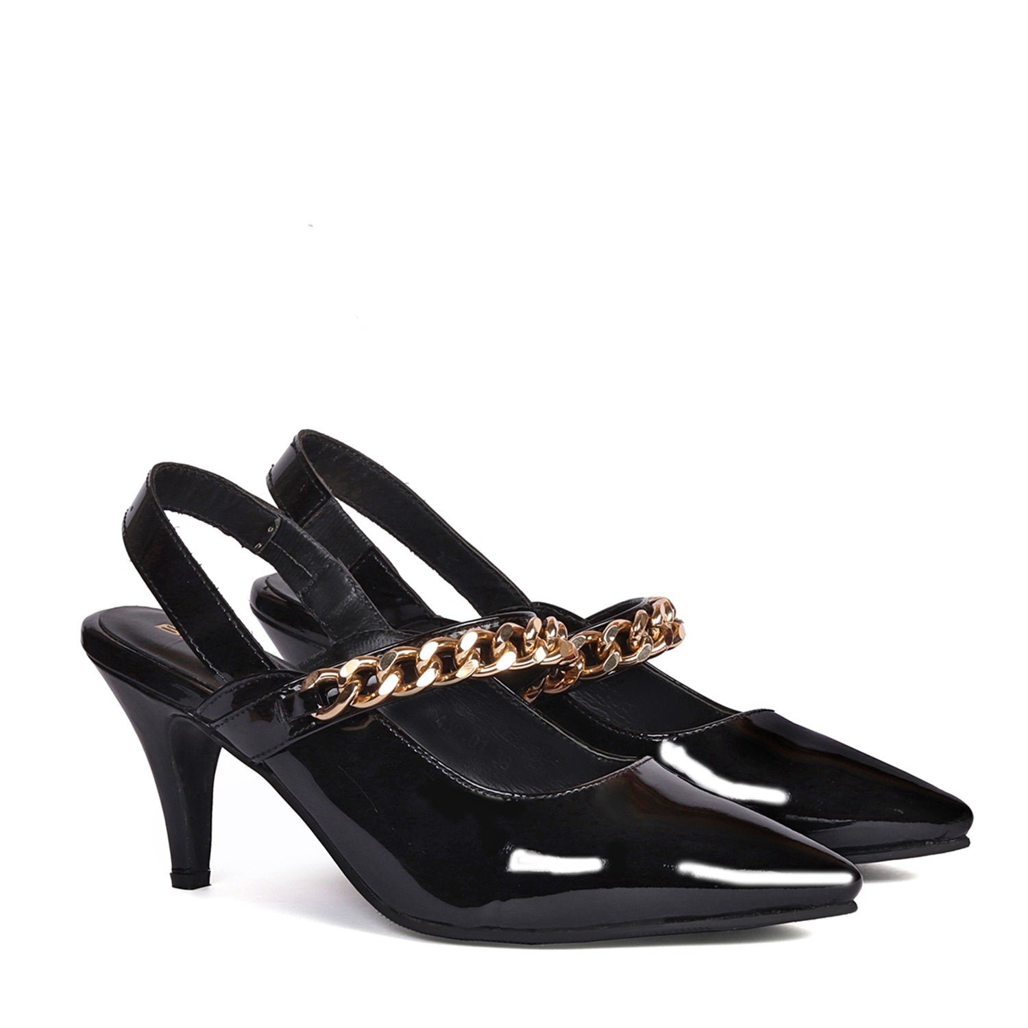 Slingback Pointed Toe Golden Chain Black Patent Kitten Heel Adjustable