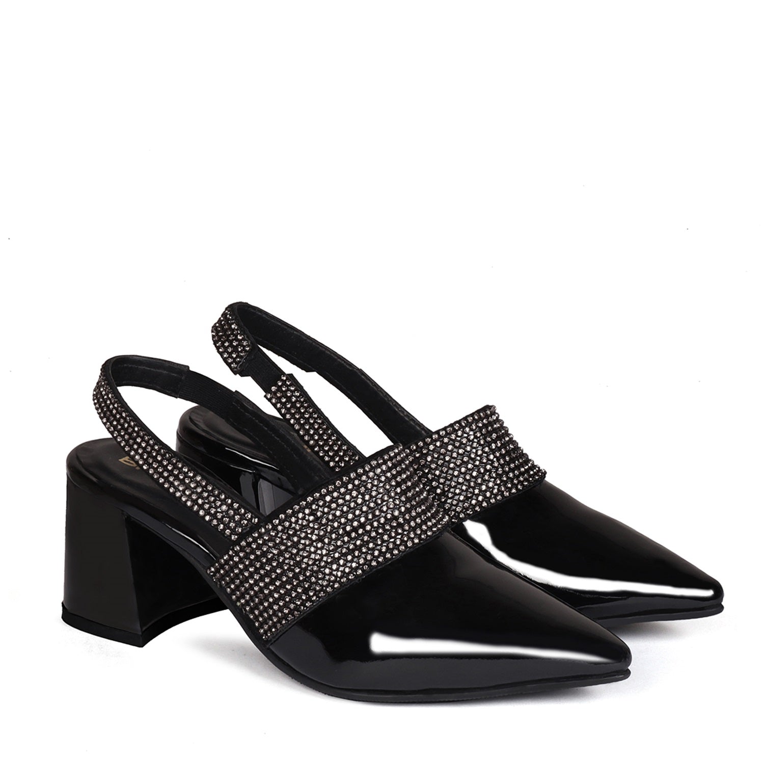 Pointed Toe Parallel Lines Rhinestone Beads Sling-back Block Heel Pump