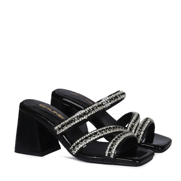 Luxurious Patent Black Rhinestone Beads Embellishment Blocked Heel Ladies Sandal By Brune & Bareskin