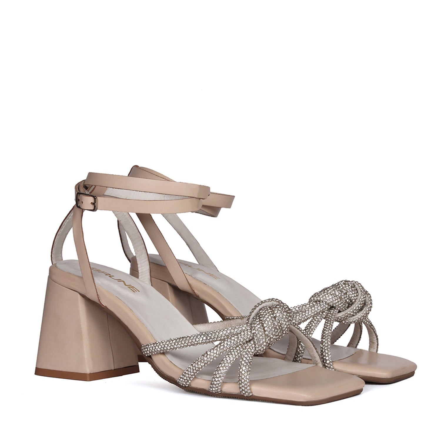 knotted bow detail with rhinestone embeliishment Blocked Heel Buckled