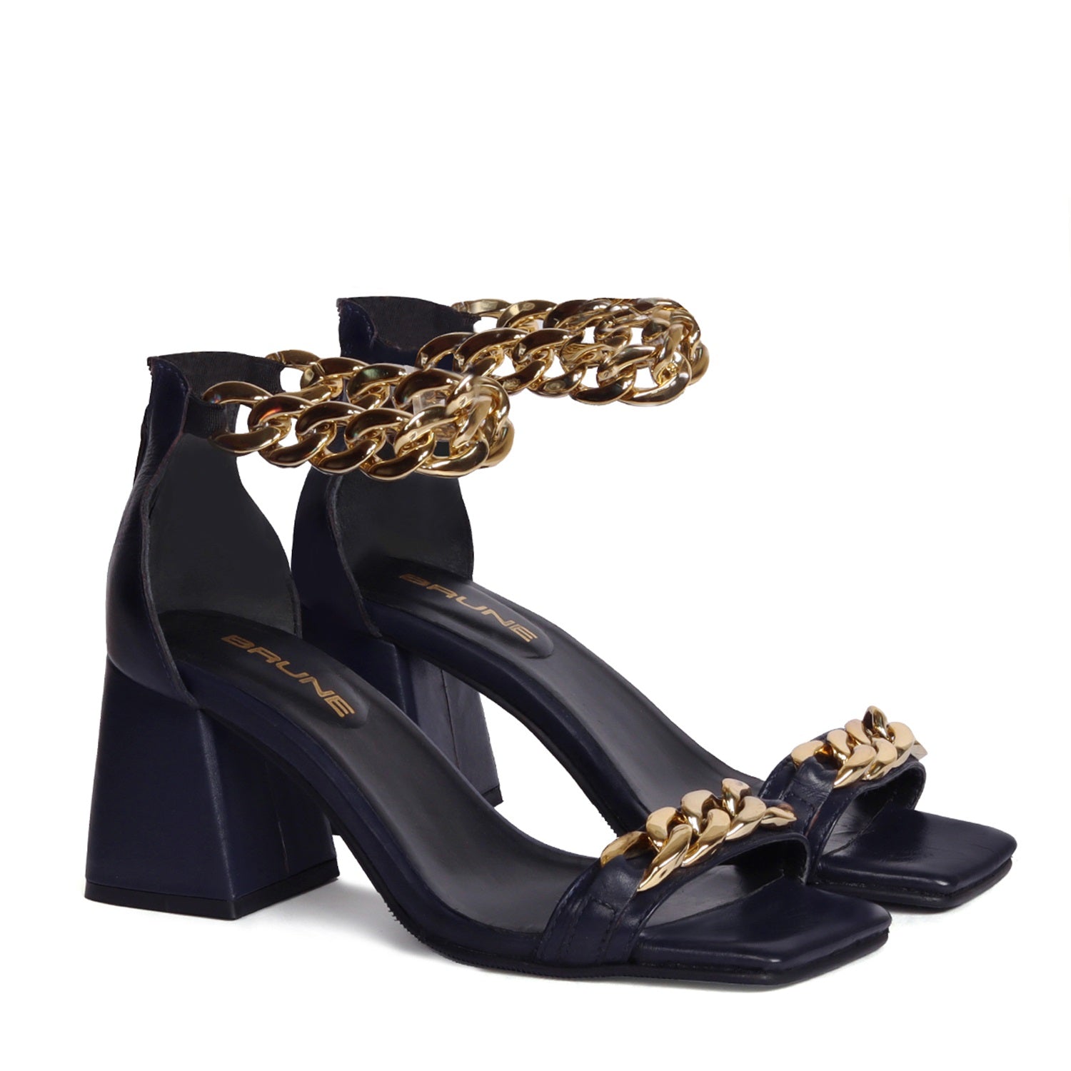 Navy Blue Ladies Party Sandals Blocked Heel Square Toe Golden Chain Cl