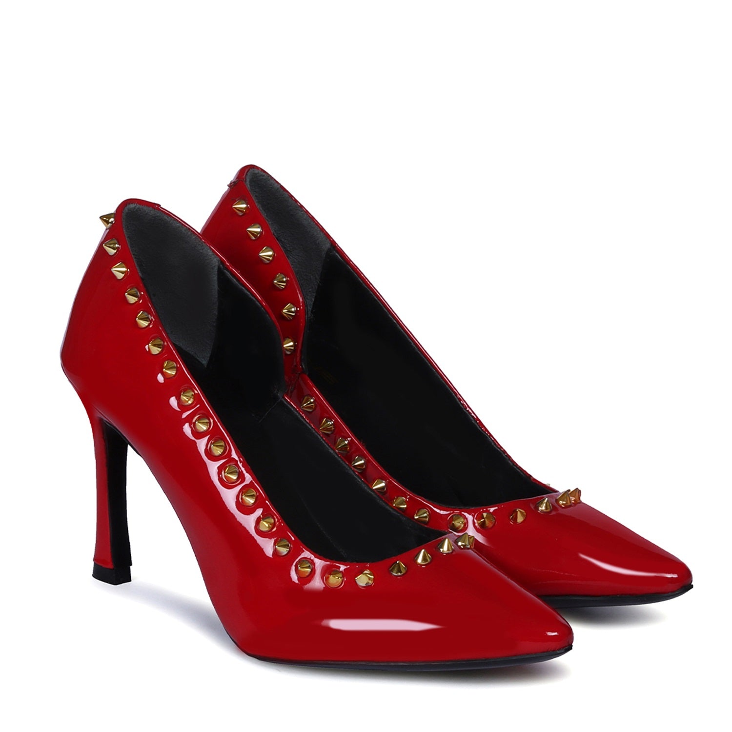 Charming Royal Red Patent Leather With Golden Stud Comfort Ladies Fluted High Heel Pumps Pointed Toe Footwear By Brune & Bareskin