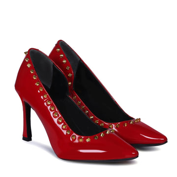 Charming Royal Red Patent Leather With Golden Stud Comfort Ladies Fluted High Heel Pumps Pointed Toe Footwear By Brune & Bareskin
