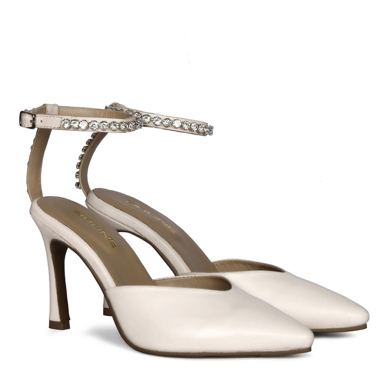 Beige Pointed Toe Heel Pumps Buckle Fastening Crystal Stone Ankle Stra