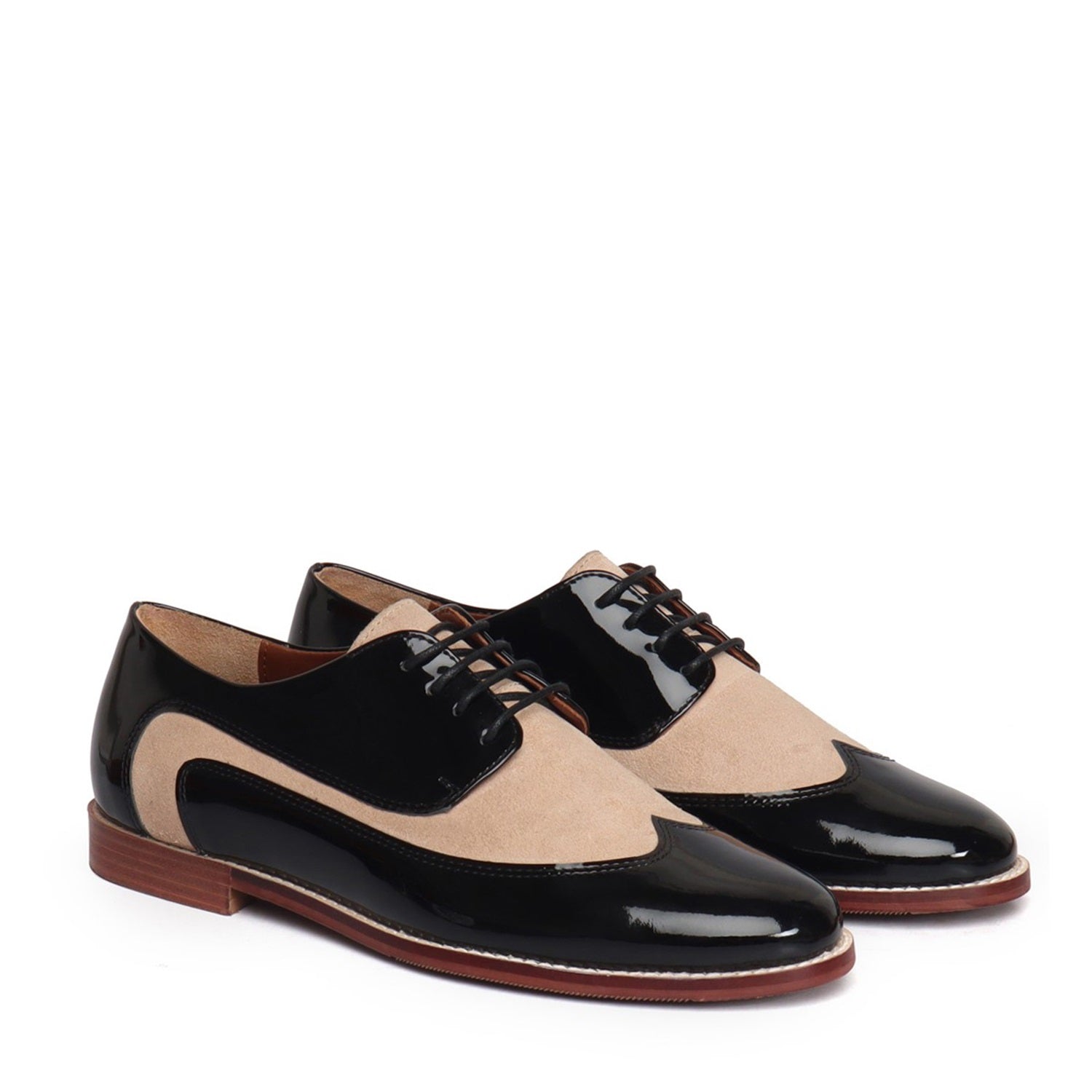Women's Black Patent Beige Suede Leather Derby Formal Shoes by Brune
