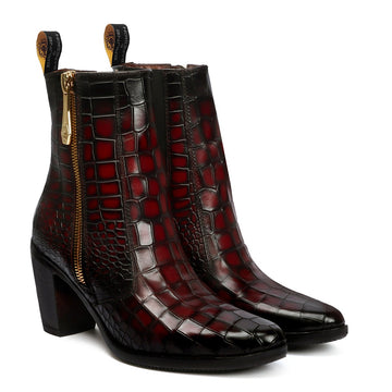 Dual Shade Patina Finish Boots In Smokey Wine Croco Textured Leather