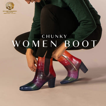 Multi Colored Ladies Boot With Zip Closure in Deep Cut Croco Textured Leather by Brune & Bareskin