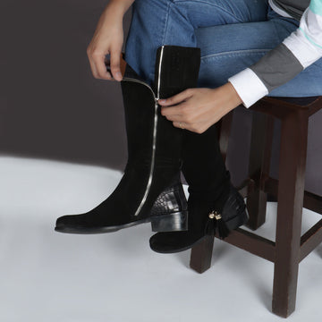 Tassel Black Suede Leather Croco Ankle Trim with Side Zip High Ankle Ladies Boots By Brune & Bareskin