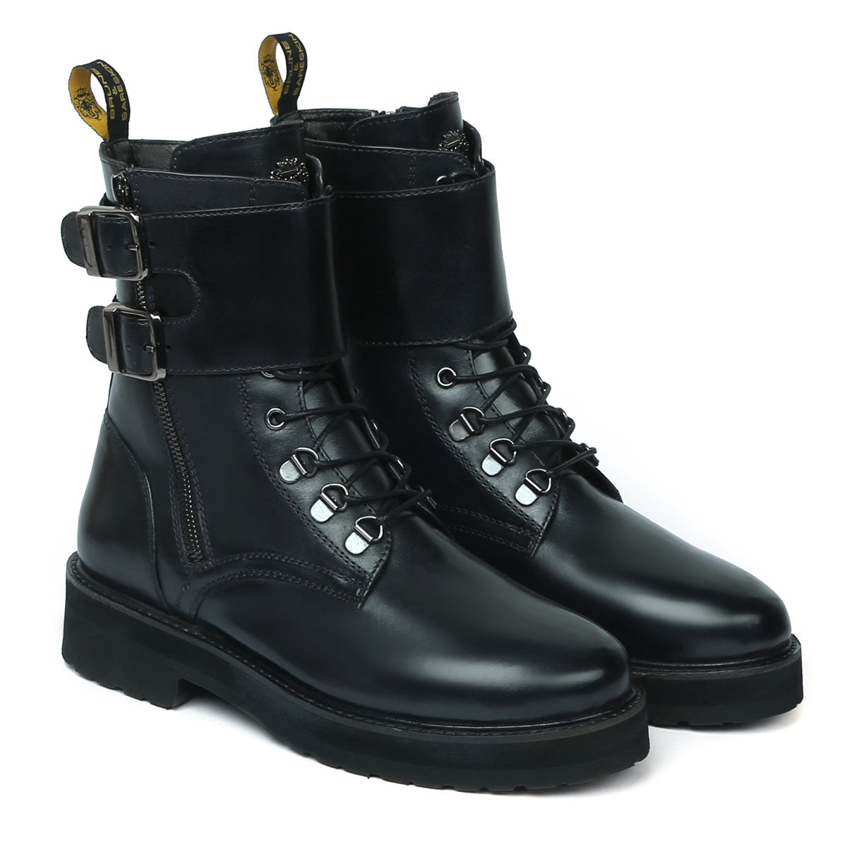 Black Leather Lace Up Ladies Boots Double Buckle Fastening Combat By B