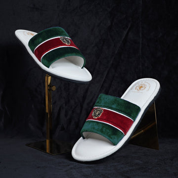 Women's Green & Red Velvet Strap White Leather Slide-in Slippers by BRUNE & BARESKIN