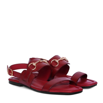 Flat Ladies Sandal/Slippers In Red Genuine Leather