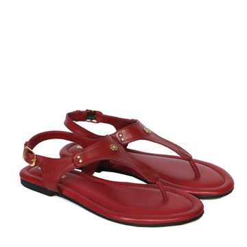 Wine Leather T-Strap Sandal with Toe Separator Loop Buckle