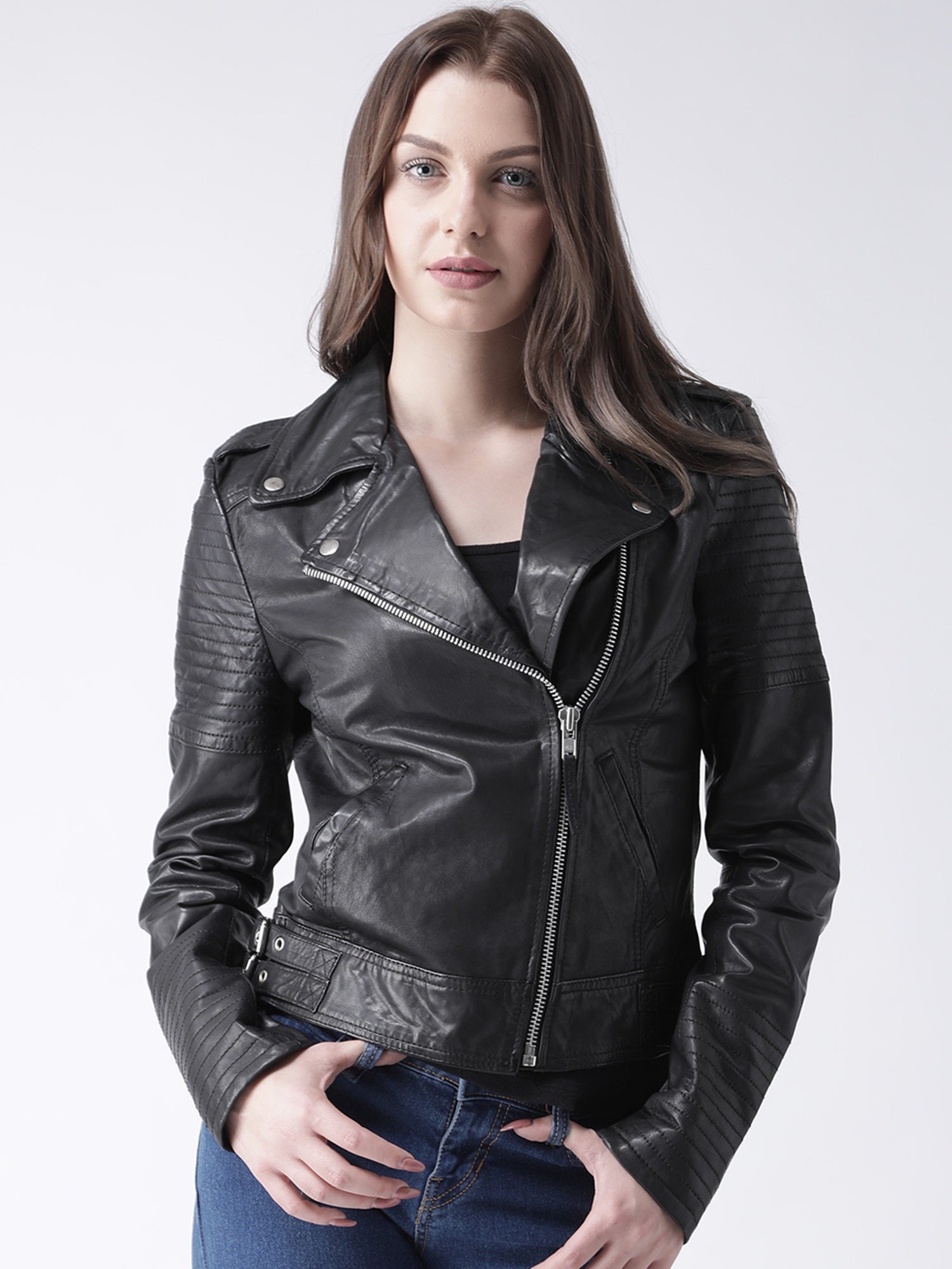Jeans Womens Black Leather Look Jacket Women's Black Leather Biker
