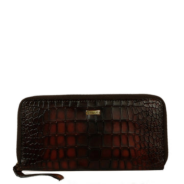 Ladies Clutch/Wallet With Smokey Tan Croco Textured Leather