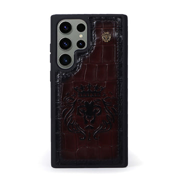 Samsung S Series Mobile Cover Metal Embossed Lion Croco Textured Dark Brown Leather