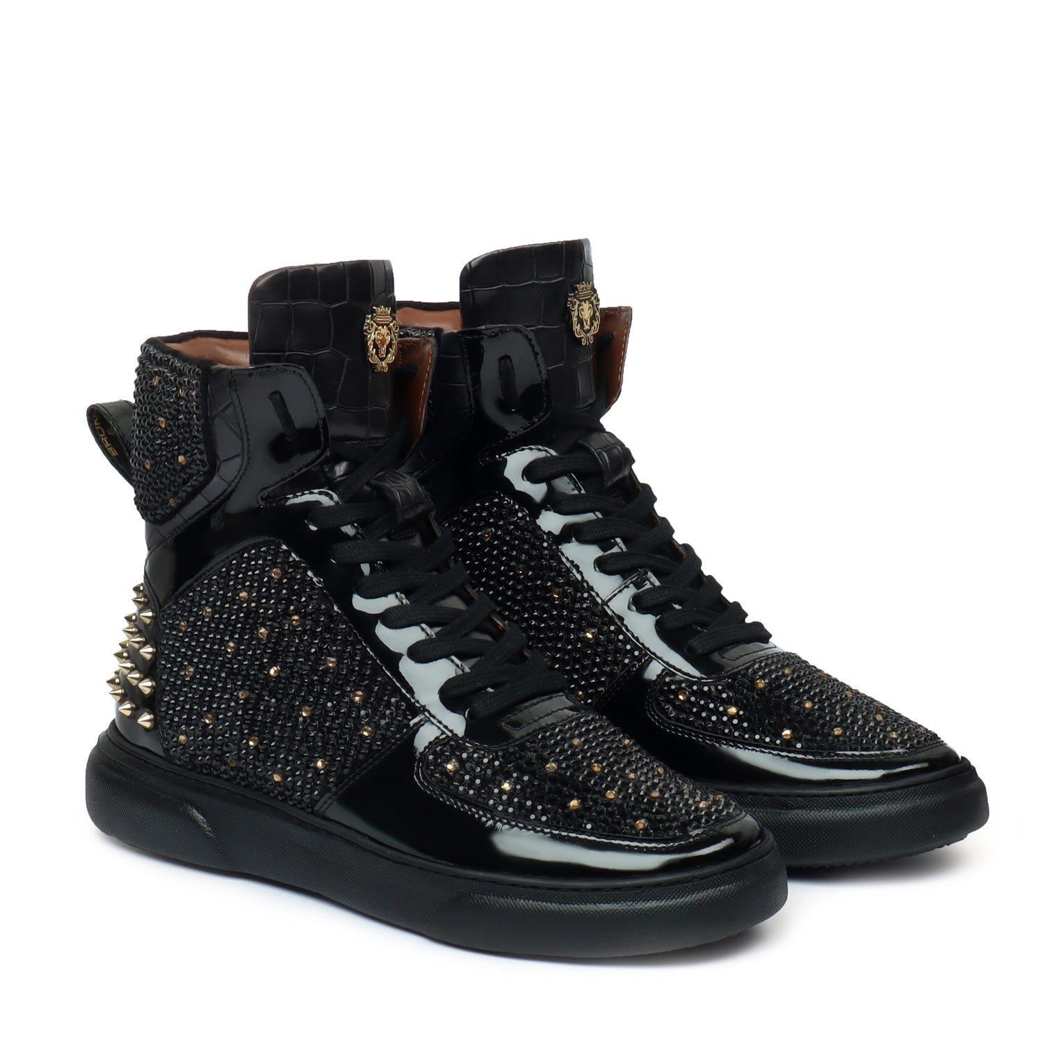 High Top Patent Leather Sneakers in Black and Golden Rhinestone Beads