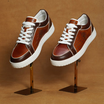 Contrasting Laser Engraved Dark Brown Edge Sneaker in Tan Genuine Leather