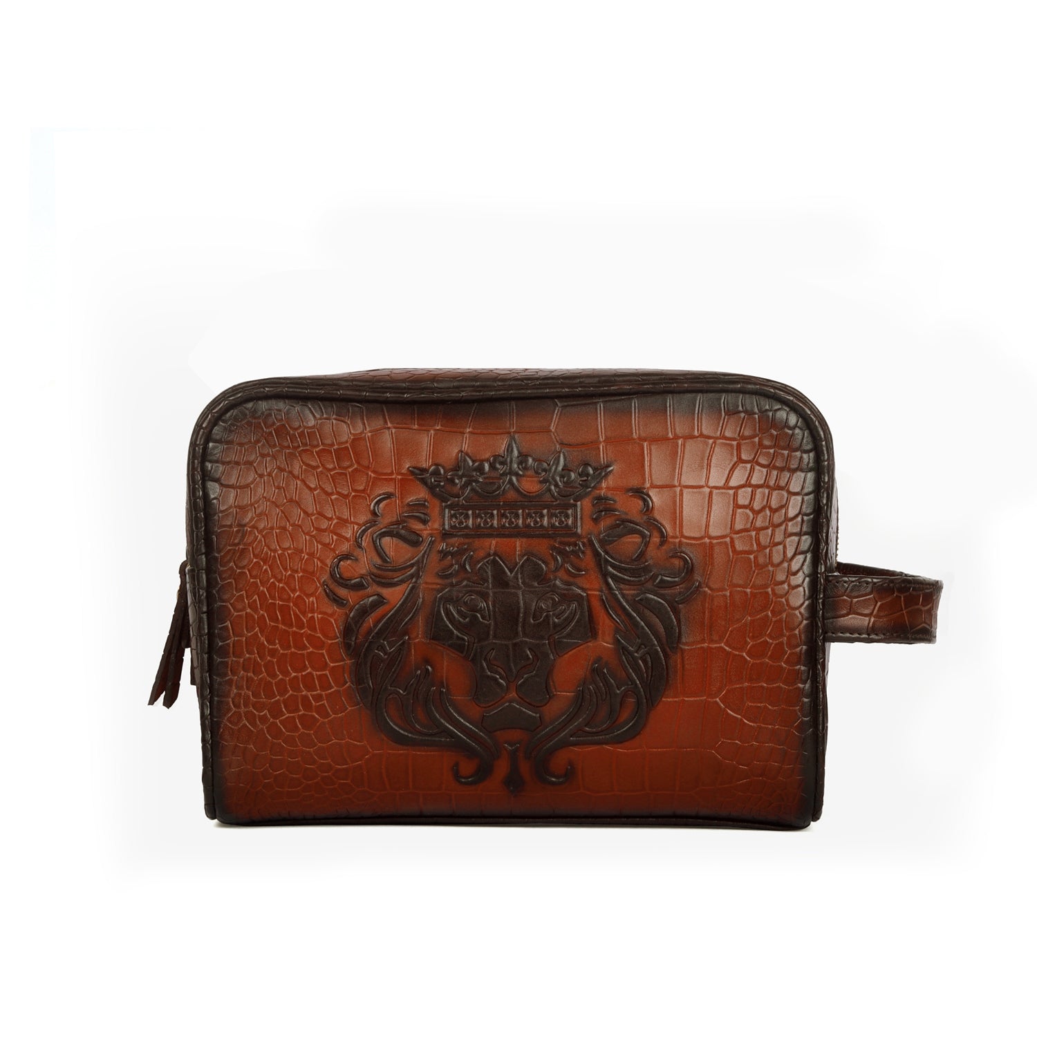 Tan Burnished Deep Cut Leather Embossed Lion Toiletry Slim Kit Trave