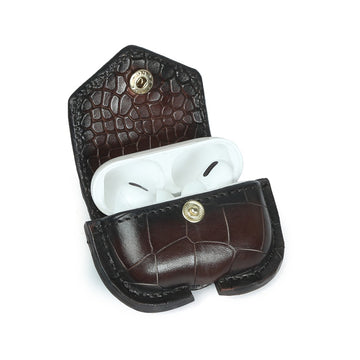 Air-Pods Dark Brown Croco Print Leather Carrying Case