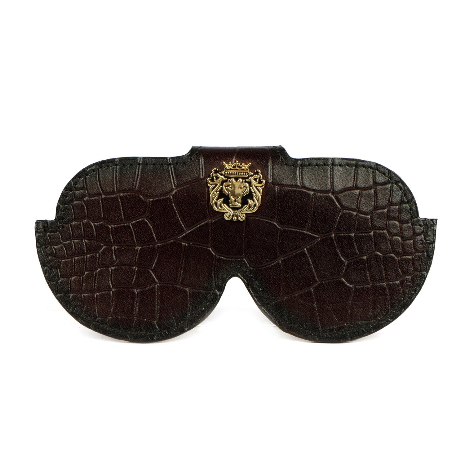 Croco Print Dark Brown Leather With Metal Lion Eyewear Glasses Cover b