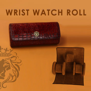 Cognac Smoky Finish Deep Cut Croco Print Leather Wrist Watch Roll