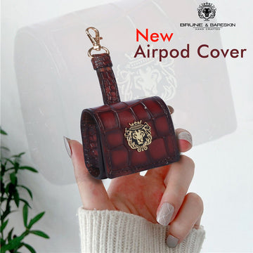 Flap-over Air-pods Pro Carrying Case in Cognac Smokey Deep Cut Textured Leather