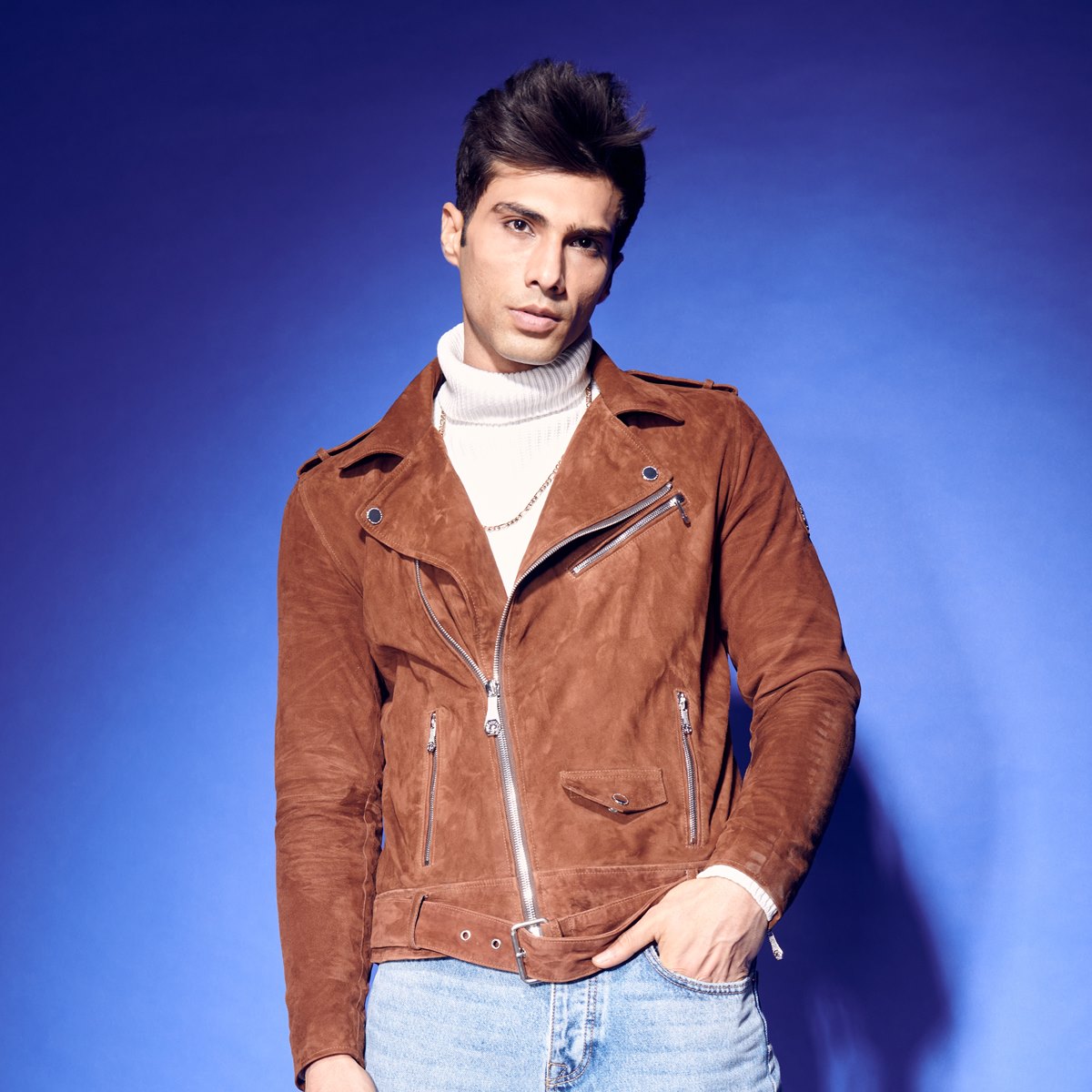 Brown Suede Leather Biker Jacket with Adjustable Waist Belt by Brune