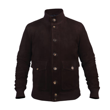 Dual Collar Bomber Dark Brown Suede Leather Jacket with Flap Pockets Button Closure By Brune And Bareskin