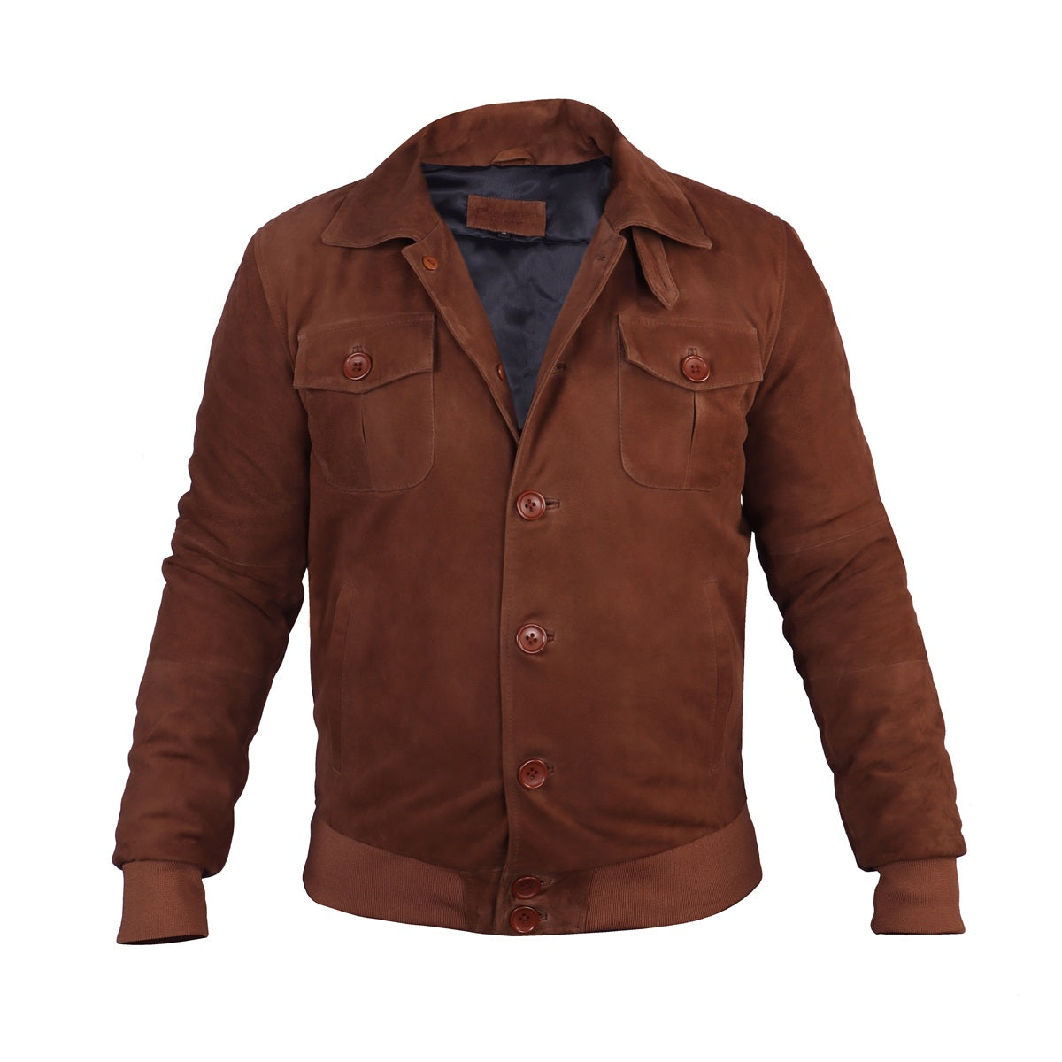 Dual Collar Bomber Tan Suede Leather Jacket For Men with Flap Pockets