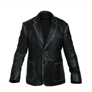 Formal Rubbed Off Blazer Button Style Black Leather Jacket for Men