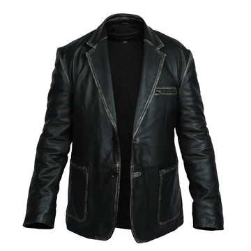Formal Rubbed Off Blazer Button Style Black Leather Jacket for Men