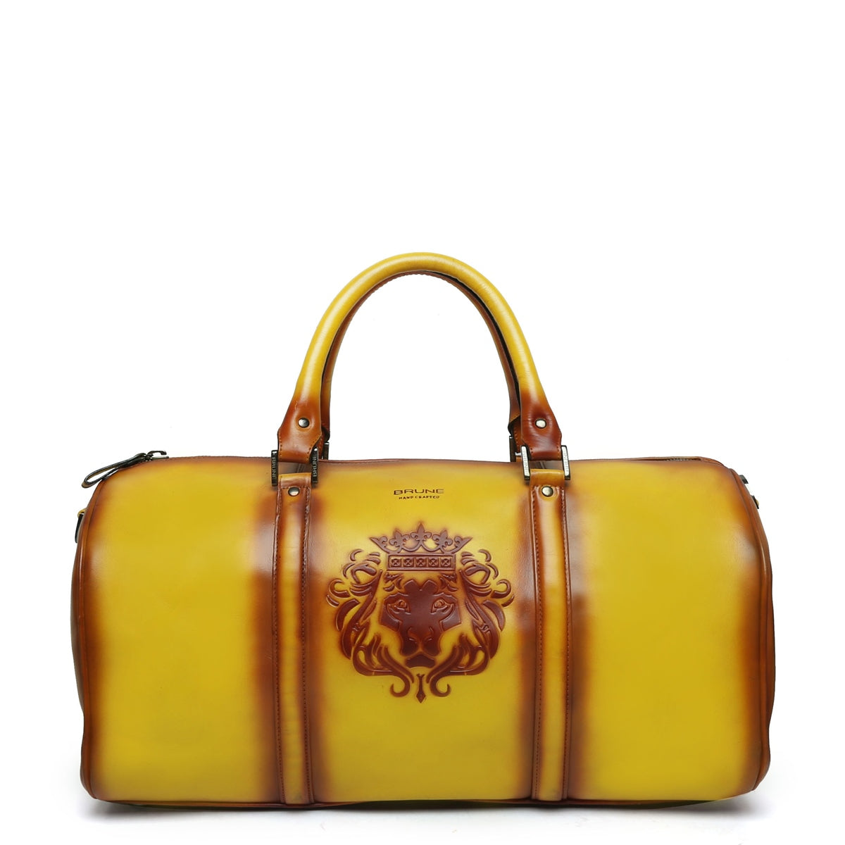 Embossed Lion Yellow Leather Duffle Bag By Brune & Bareskin