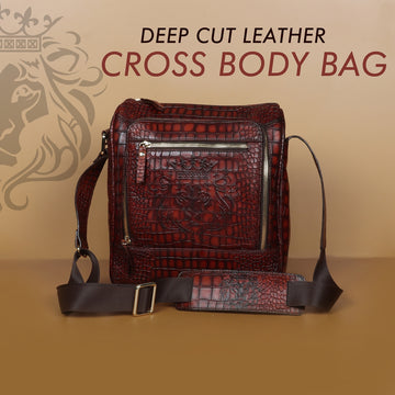 Cross Body Bag In Smokey Finish Cognac Croco Texture Leather