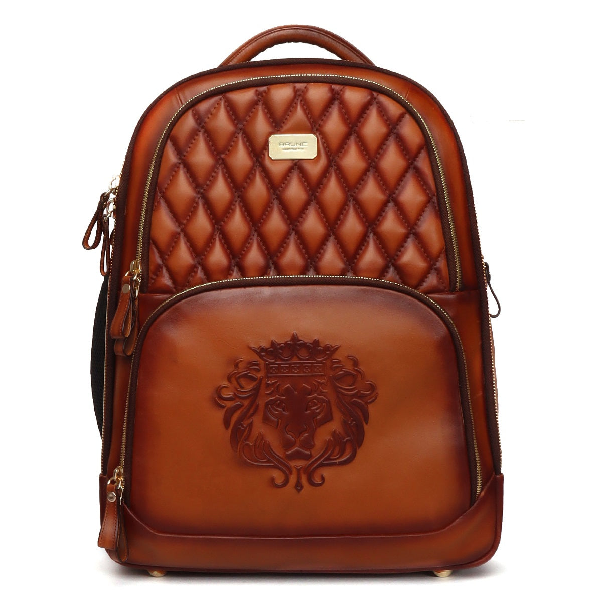 Diamond Stitched Backpack Tan Leather with Embossed Lion Logo by Brune