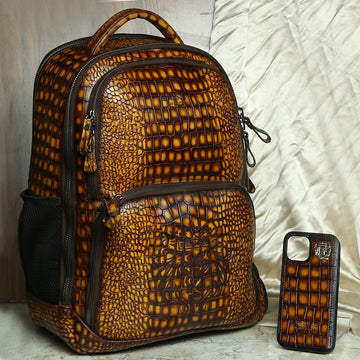 Hand Painted Leather Backpack With Smokey Finish Yellow Croco Textured