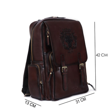 Flap Over Travel Backpack With Embossed Lion Dark Brown Leather