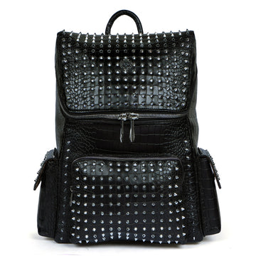 Studded Backpack Top Opening Black Croco Textured Leather