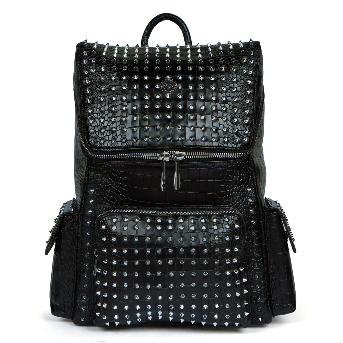 black leather backpacks with studs Studded Backpack Top Opening Black Croco Textured Leather