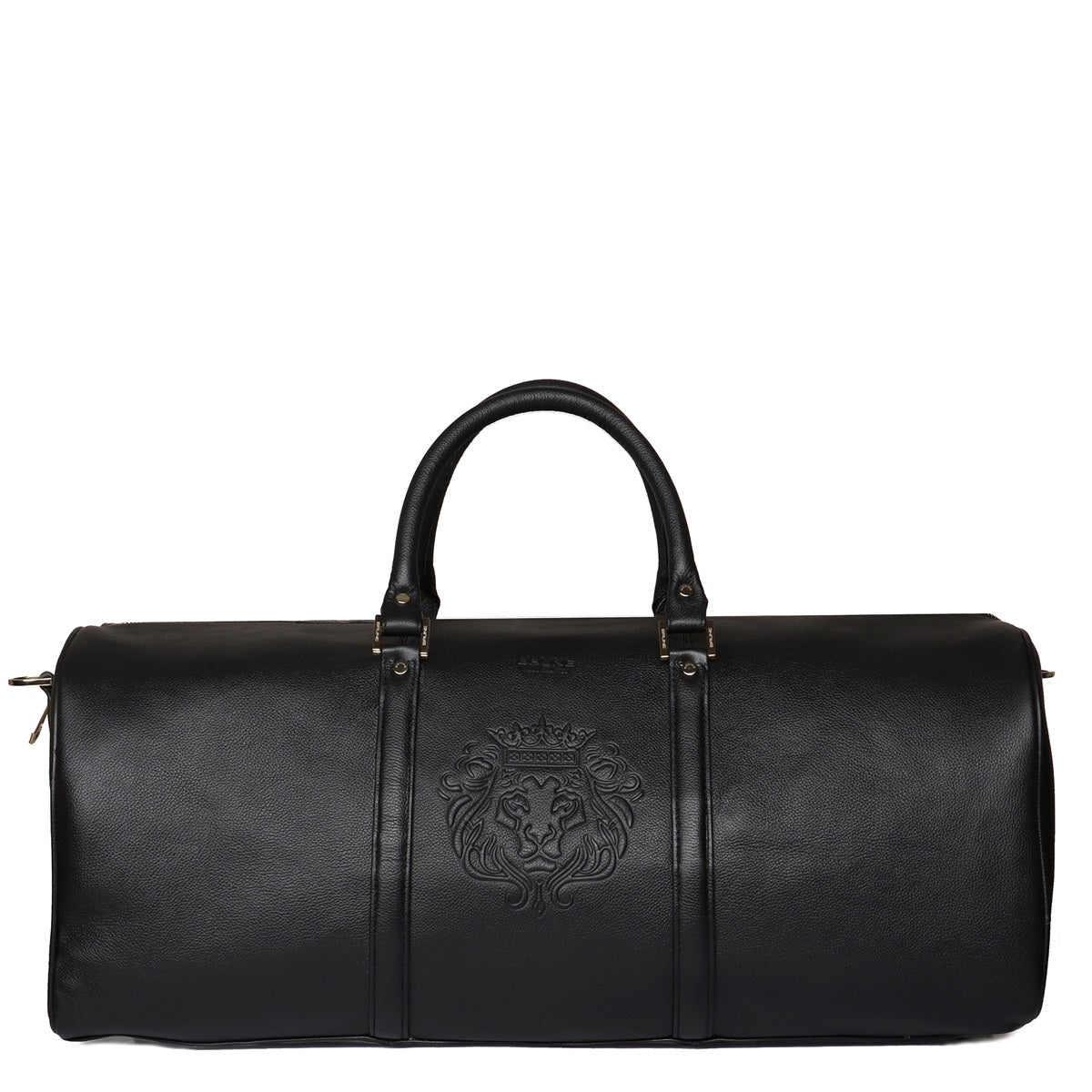 Embossed Lion Unisex Black Textured Leather Duffle Bag With Bag Tag By