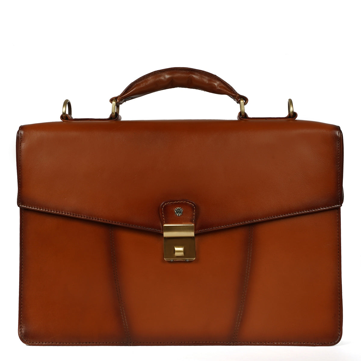Flap Opening Secured Lock Tan Leather Office Laptop Briefcase With Org