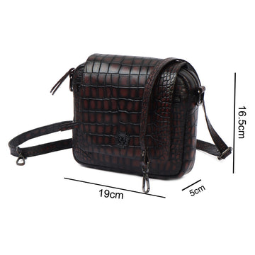 Smokey Dark Brown Deep Cut Croco Multi Pockets Flap-Over Crossbody Bag With Metal Lion Logo By Brune & Bareskin
