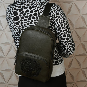 Diagonal Cross-Body Single Shoulder Textured Leather Olive Bag