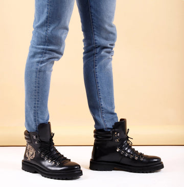 Black Lace-Up Chunky Boot With Zardosi Lion