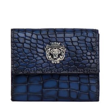 Blue Multi Pockets Card Holder in Deep Cut Croco Textured Leather By Brune & Bareskin