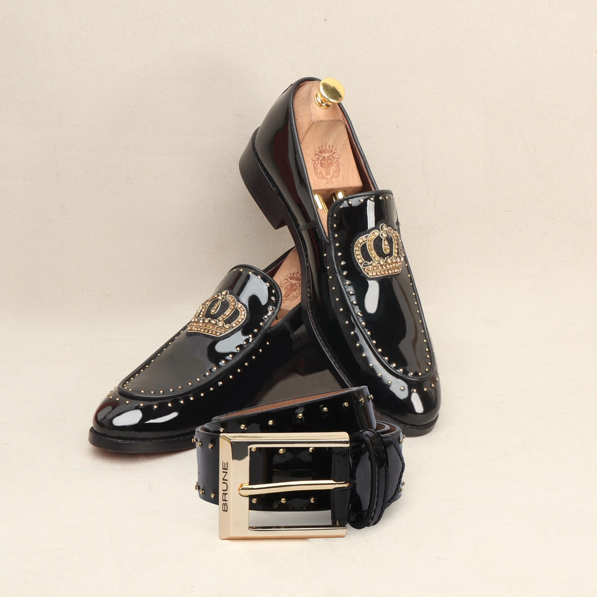 Patent Black Studded Leather Combo of Loafer With Golden Metal Buckle