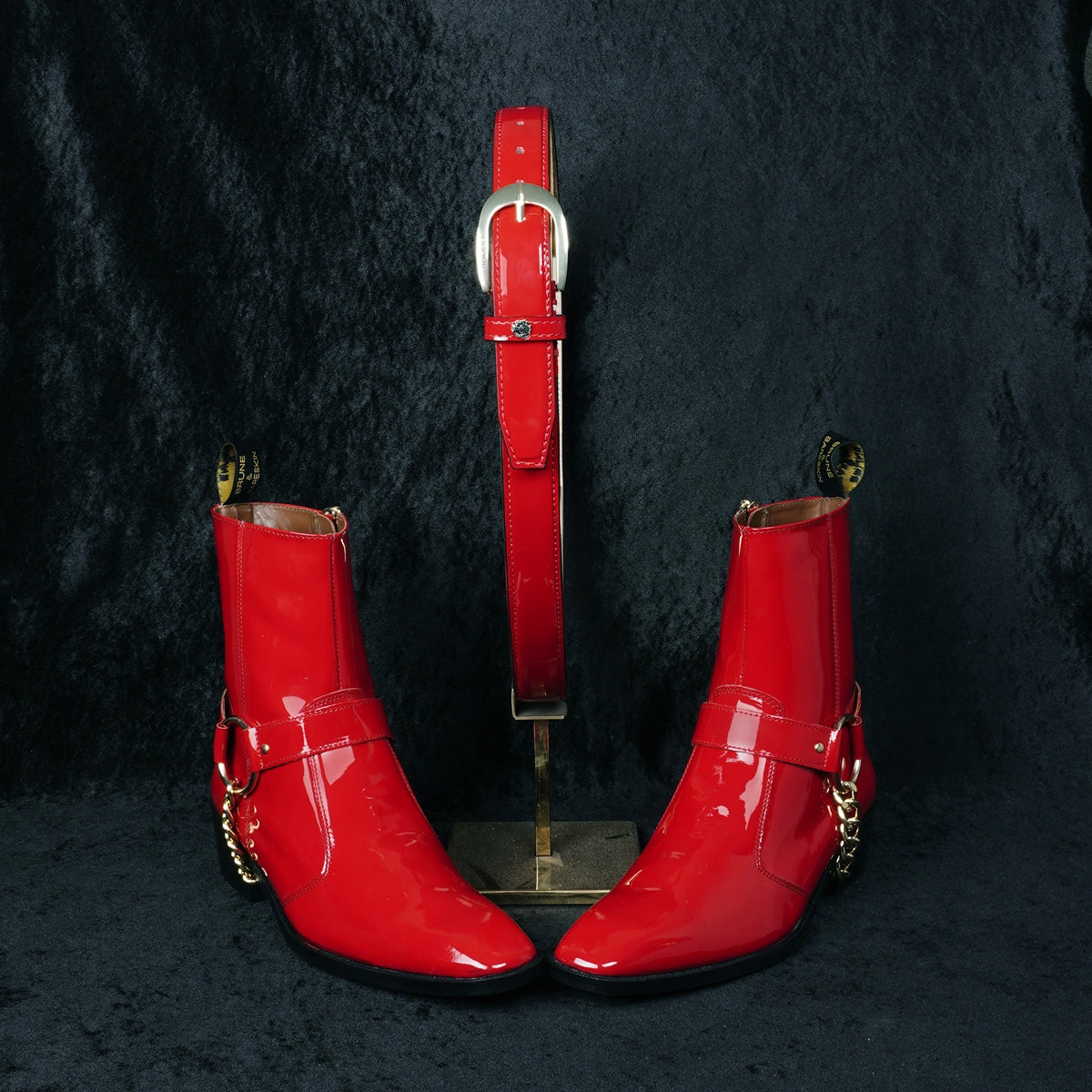 Gold Finish Red Patent Leather Combo of Cuban Boots & Belt