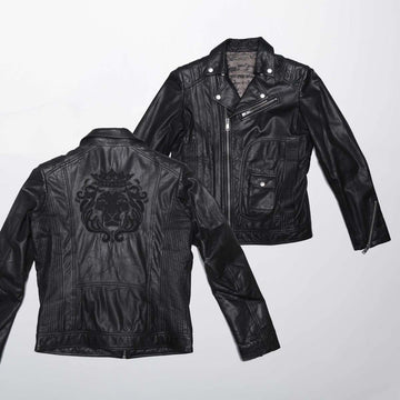 Crafted Leather Jacket In Black With Zardosi Lion Logo at the Back by Brune & Bareskin
