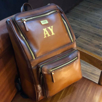 Handmade Tan Leather Backpack with Your Name Initials by Brune & Bareskin
