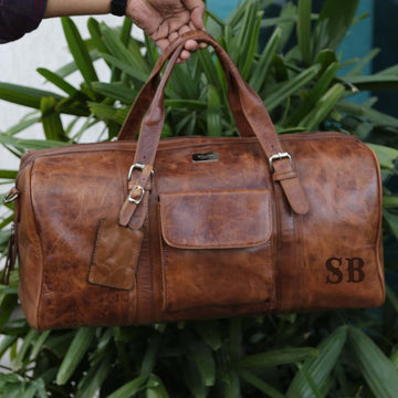 Handcrafted Duffle Bag of Tan Leather with SB Name Initials by Brune & Bareskin
